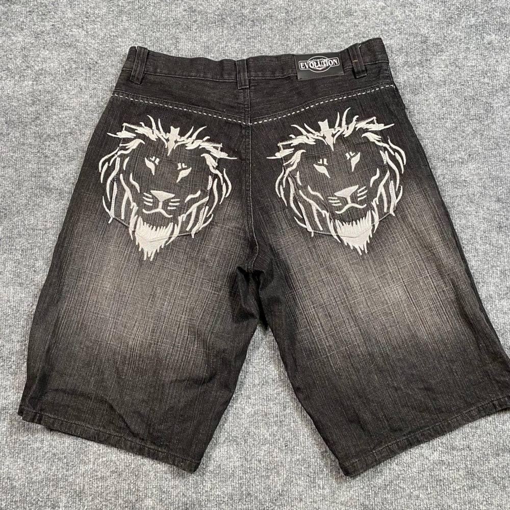 Evolution In Design Mens Black Denim Shorts Lion Embroidery Baggy Y2K Size 36